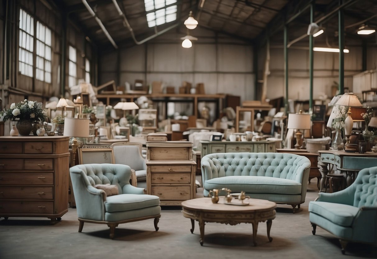 A warehouse filled with distressed, vintage-style furniture in pastel colors. Shelves stacked with chipped, ornate mirrors and delicate, weathered dressers