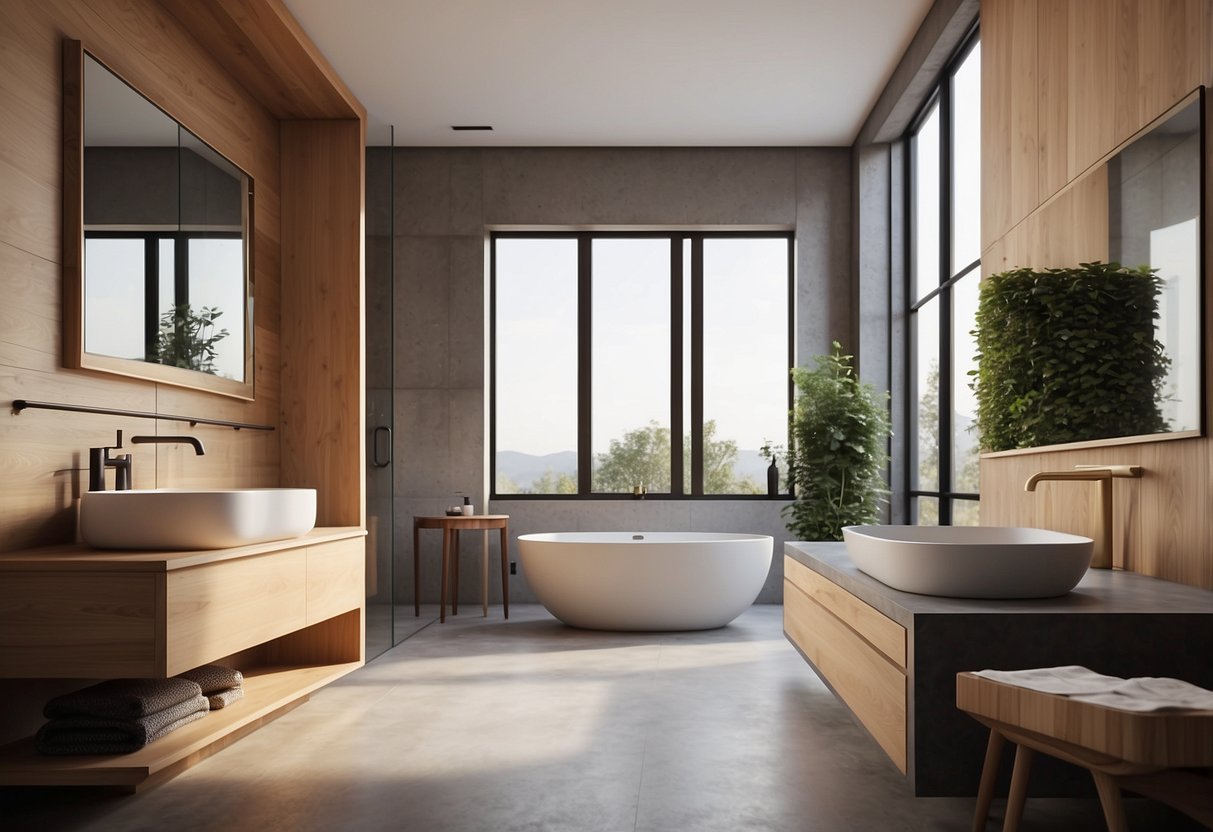 A sleek, minimalist bathroom with clean lines and natural wood accents. The furniture is simple yet functional, with ample storage and comfortable seating