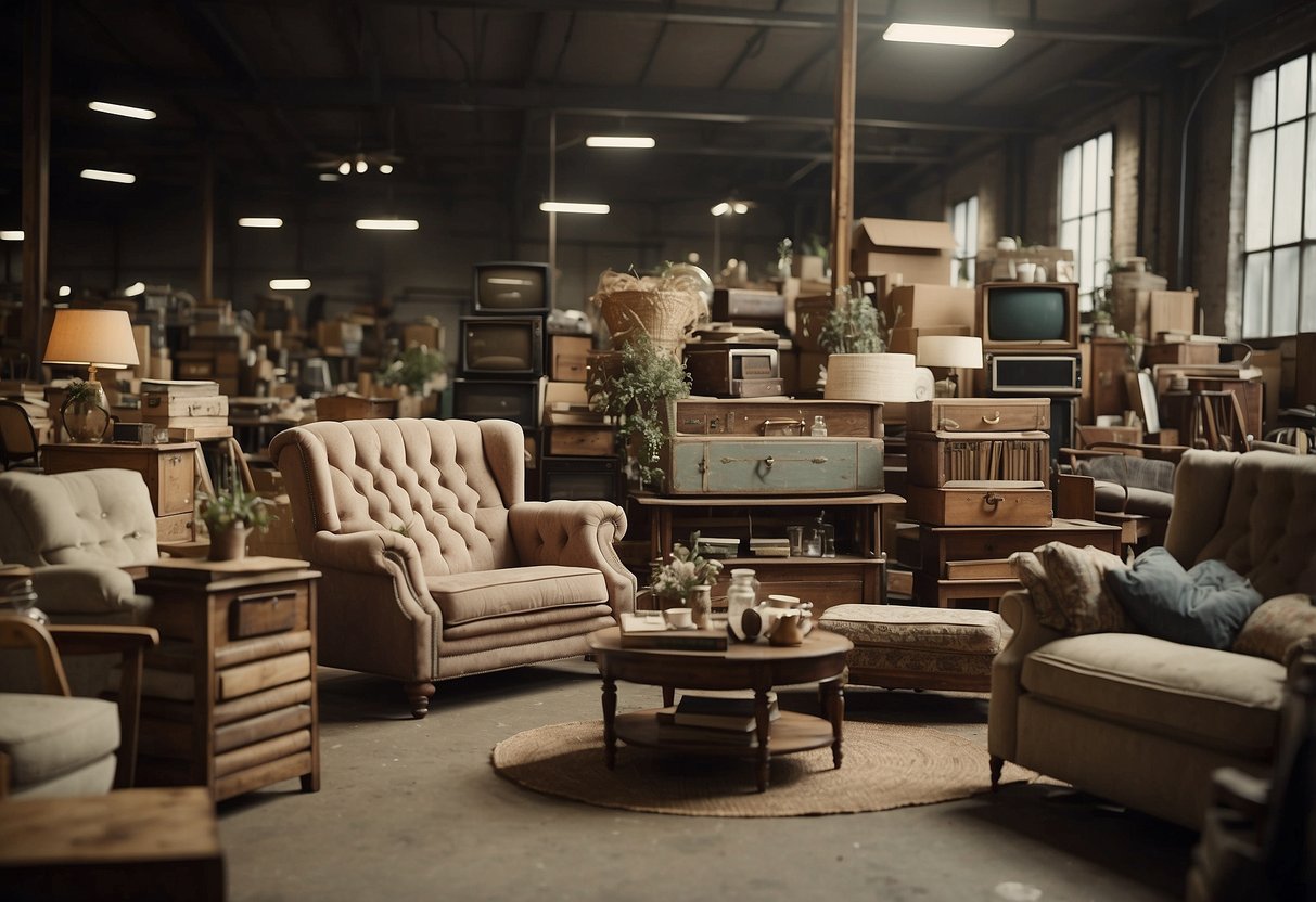A cluttered warehouse with vintage furniture stacked haphazardly. A sign reads "Frequently Asked Questions: shabby chic furniture wholesale."