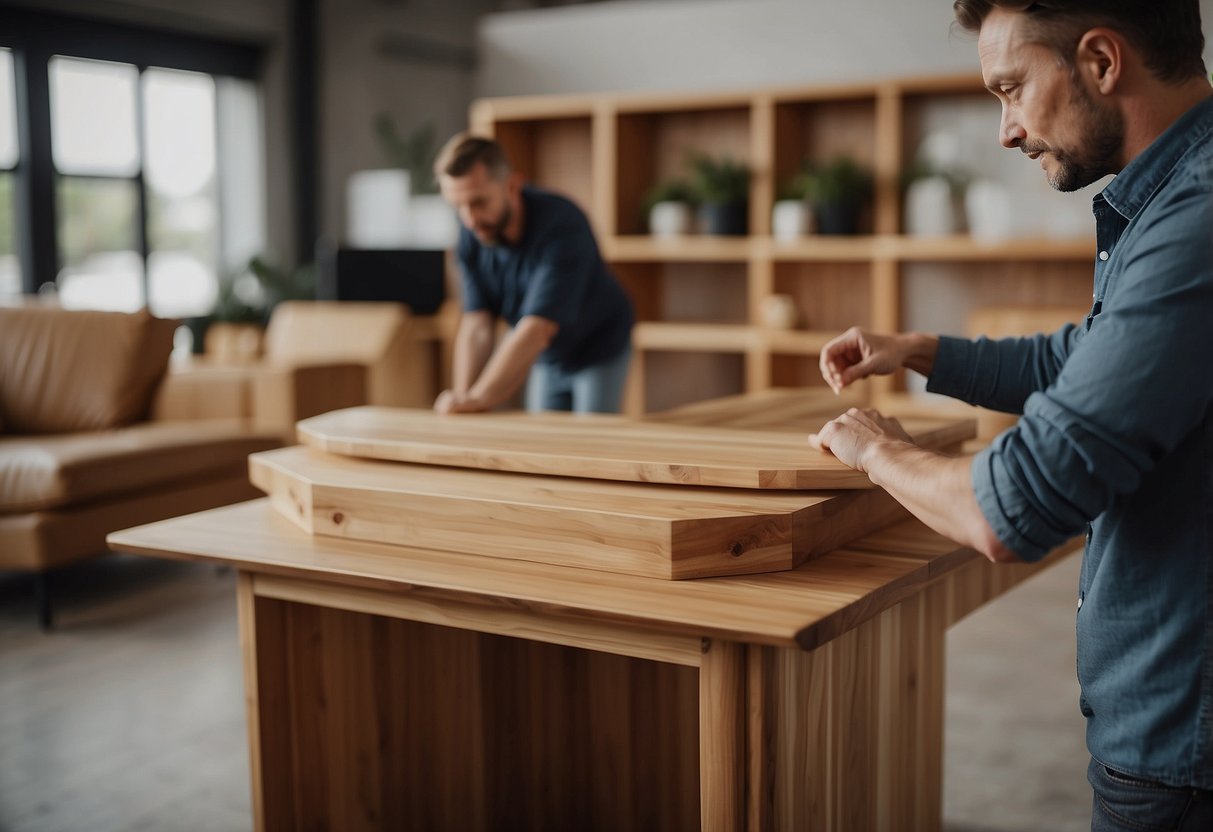 A customer clicks to purchase solid wood furniture online, then receives personalized aftercare instructions