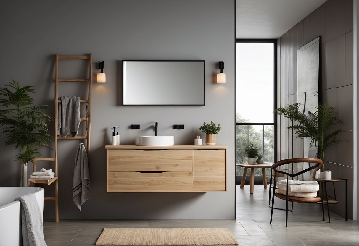 A sleek and modern bathroom with minimalist Scandinavian furniture, featuring clean lines, light wood tones, and functional storage solutions