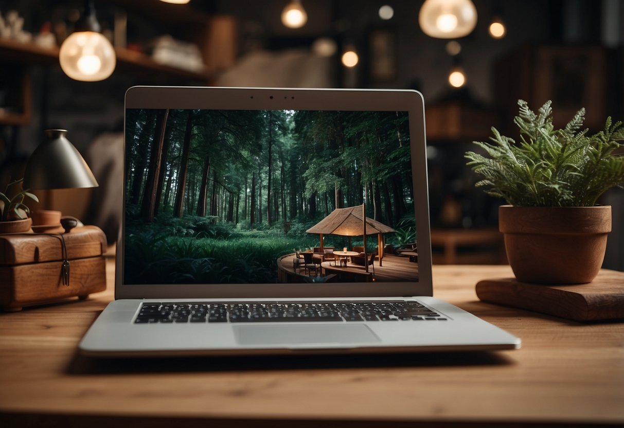 A laptop open on a desk, with a website displaying solid wood furniture. A customer's hand reaches for a mouse, surrounded by various furniture pieces