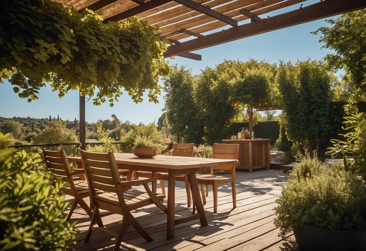 A sunny patio with a wooden table and chairs, covered in a protective treatment. Surrounding greenery and a clear blue sky