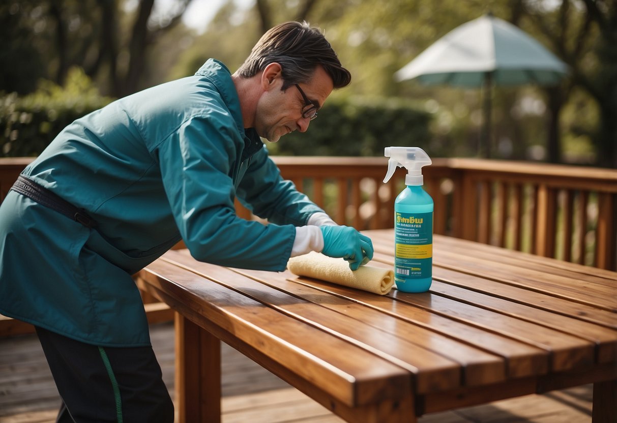 A person applying protective sealant to outdoor wood furniture with a brush, surrounded by cleaning supplies and a cover for protection