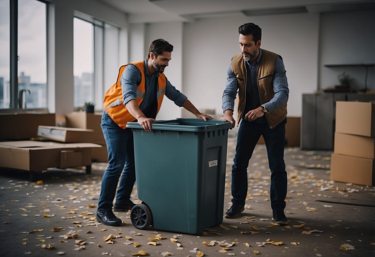 Old furniture being lifted and carried out of a room by two people. A trash bin nearby is being filled with broken pieces