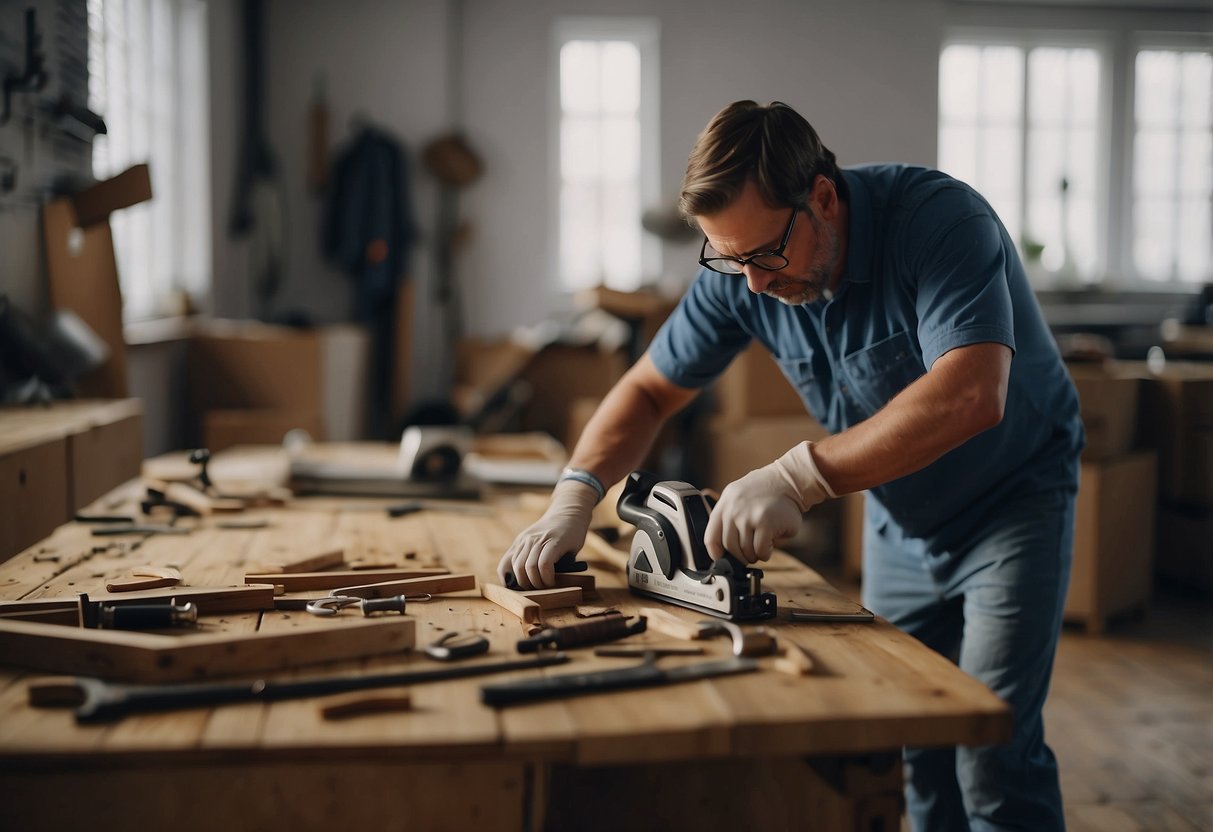 A person uses tools to dismantle and remove old furniture from a room