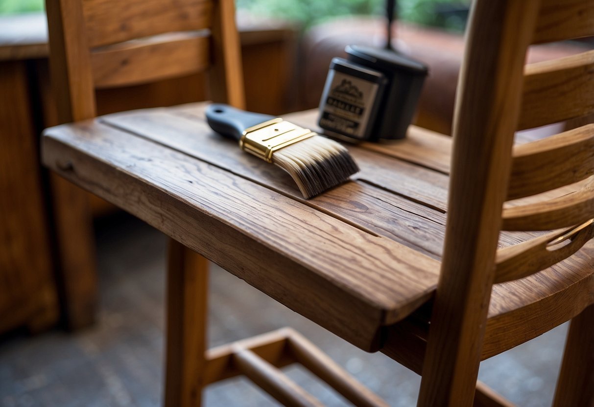 A dusty, weathered wooden chair is being sanded down to reveal the rich, natural wood beneath. A can of wood stain and a paintbrush sit nearby, ready to bring new life to the old furniture