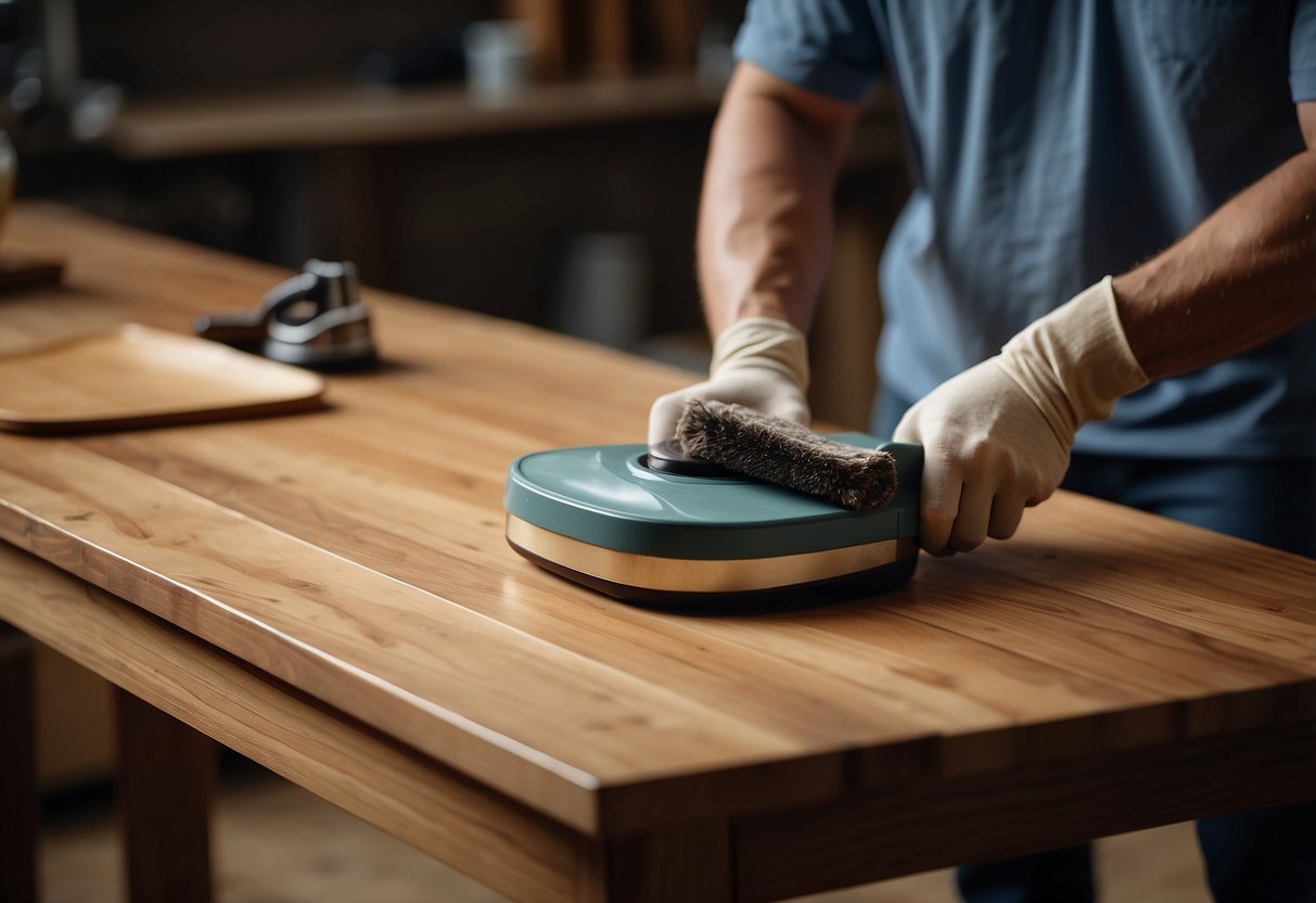 Wood furniture being sanded and polished, with a varnish brush and a can of wood stain nearby. Sandpaper and a dust cloth on the table