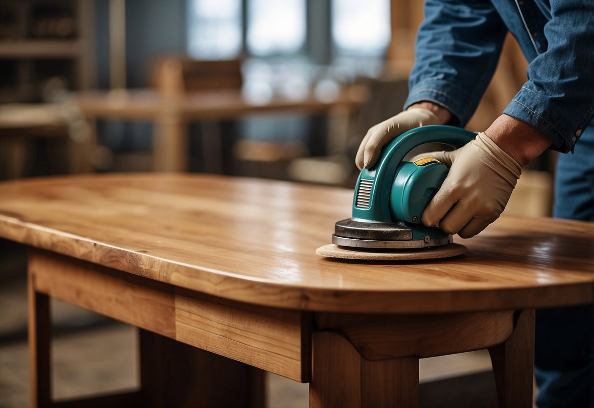 Wood furniture being sanded, stained, and polished to restore its original beauty