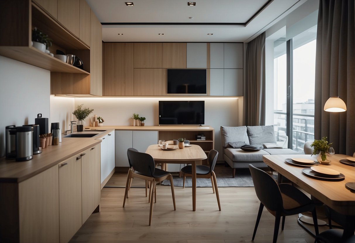 A small apartment with a convertible sofa bed, foldable dining table, and wall-mounted shelves. The space is tidy and organized, with the furniture cleverly maximizing the available space