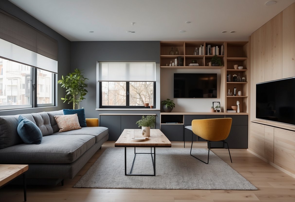 A cozy studio apartment with a multifunctional Murphy bed, a compact dining table, and a small sectional sofa with storage. A wall-mounted TV and shelves maximize space