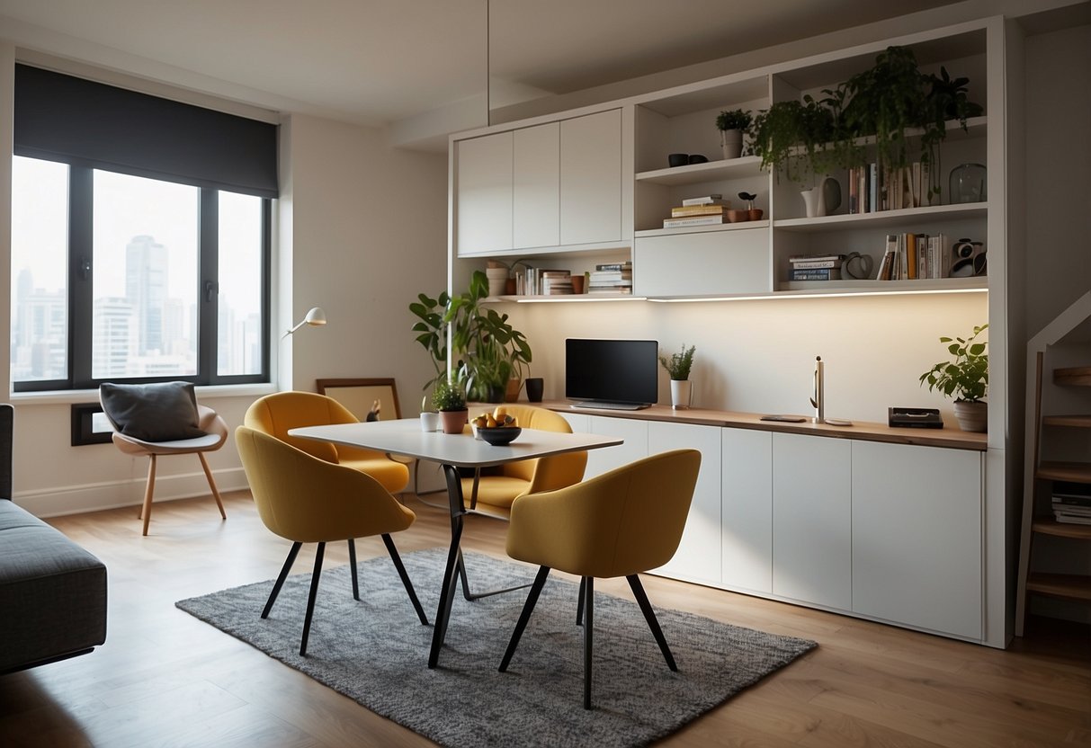 A small apartment with convertible furniture: a Murphy bed folds into a desk, a coffee table lifts to become a dining table, and a sofa with hidden storage