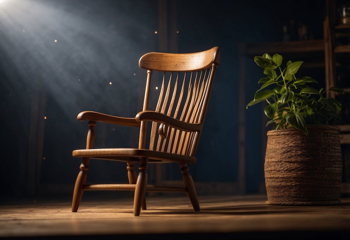 An old wooden chair sits in a dimly lit room. A person carefully sands the surface, revealing the rich grain underneath. A can of wood stain and a brush sit nearby, ready to bring new life to the worn furniture