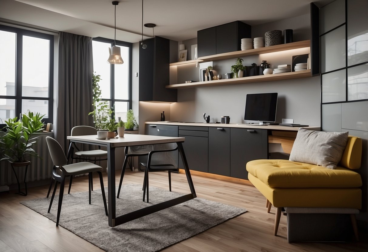A compact studio apartment with multifunctional furniture: a wall-mounted desk, a pull-out sofa bed, and a foldable dining table