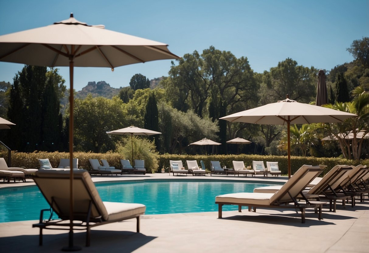A poolside scene with lounge chairs, umbrellas, and side tables arranged around a sparkling blue swimming pool