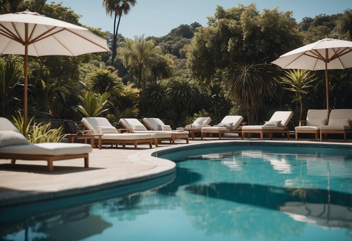 A poolside scene with modern, sleek lounge chairs and umbrellas, surrounded by lush greenery and a sparkling blue pool