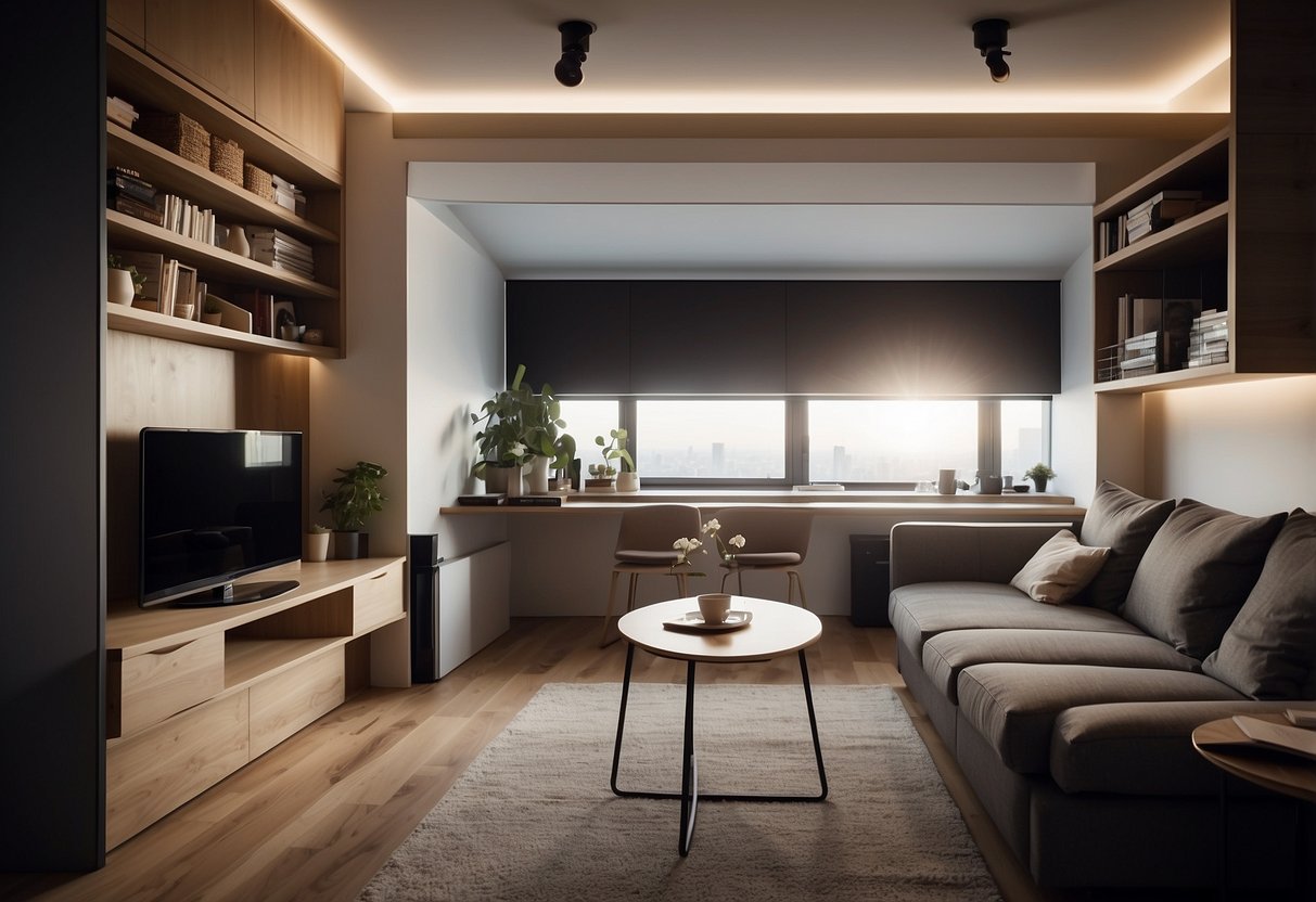 A small, cozy apartment with multi-functional furniture: a wall-mounted fold-out desk, a sofa that transforms into a bed, and a coffee table with hidden storage compartments