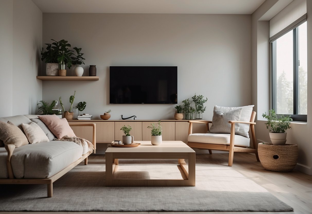 A modern, minimalist studio apartment with sleek, multi-functional furniture, neutral color palette, and plenty of natural light