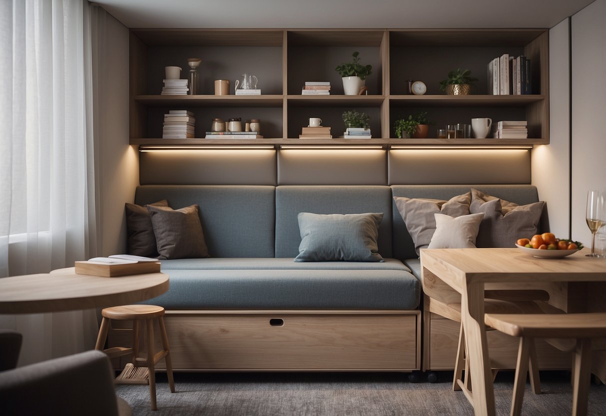 A small room with a convertible sofa bed, foldable dining table, and wall-mounted storage shelves. Cleverly designed space-saving furniture maximizes functionality