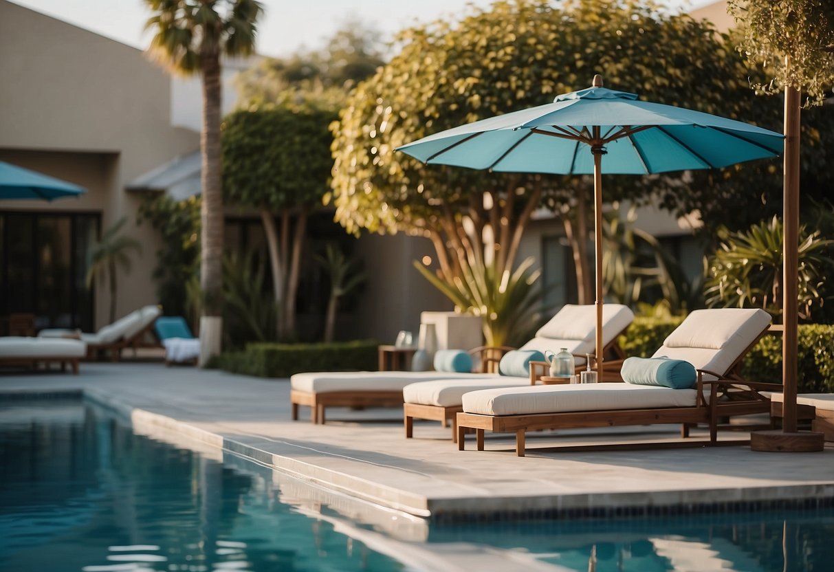 A poolside scene with modern, sleek furniture arranged around a sparkling blue pool. Sun umbrellas, lounge chairs, and a small side table complete the stylish setup