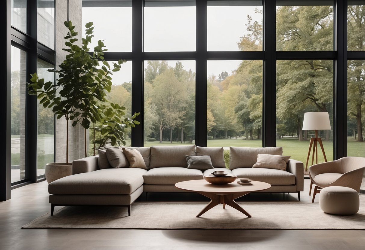 A modern living room with sleek Huppe furniture, clean lines, and a neutral color palette. A large window lets in natural light, highlighting the minimalist design