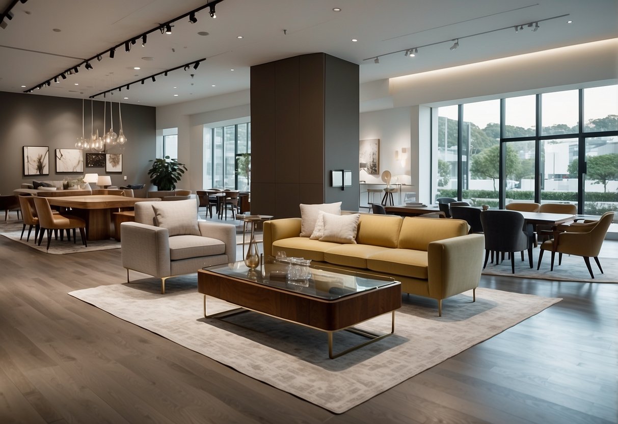 A bright, spacious showroom filled with modern, elegant furniture pieces from Huppé Collections. Clean lines, luxurious materials, and stylish designs create a sophisticated atmosphere