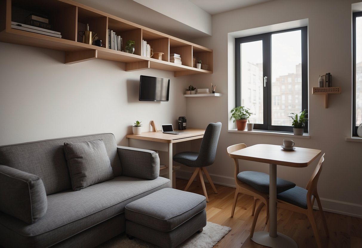 A cozy studio apartment with a small sofa, foldable dining table, and wall-mounted shelves for storage. A compact desk and chair create a functional workspace, while a Murphy bed maximizes space