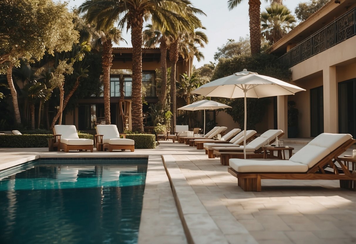 A poolside scene with various furniture options like lounge chairs, umbrellas, tables, and cabanas arranged around a sparkling swimming pool