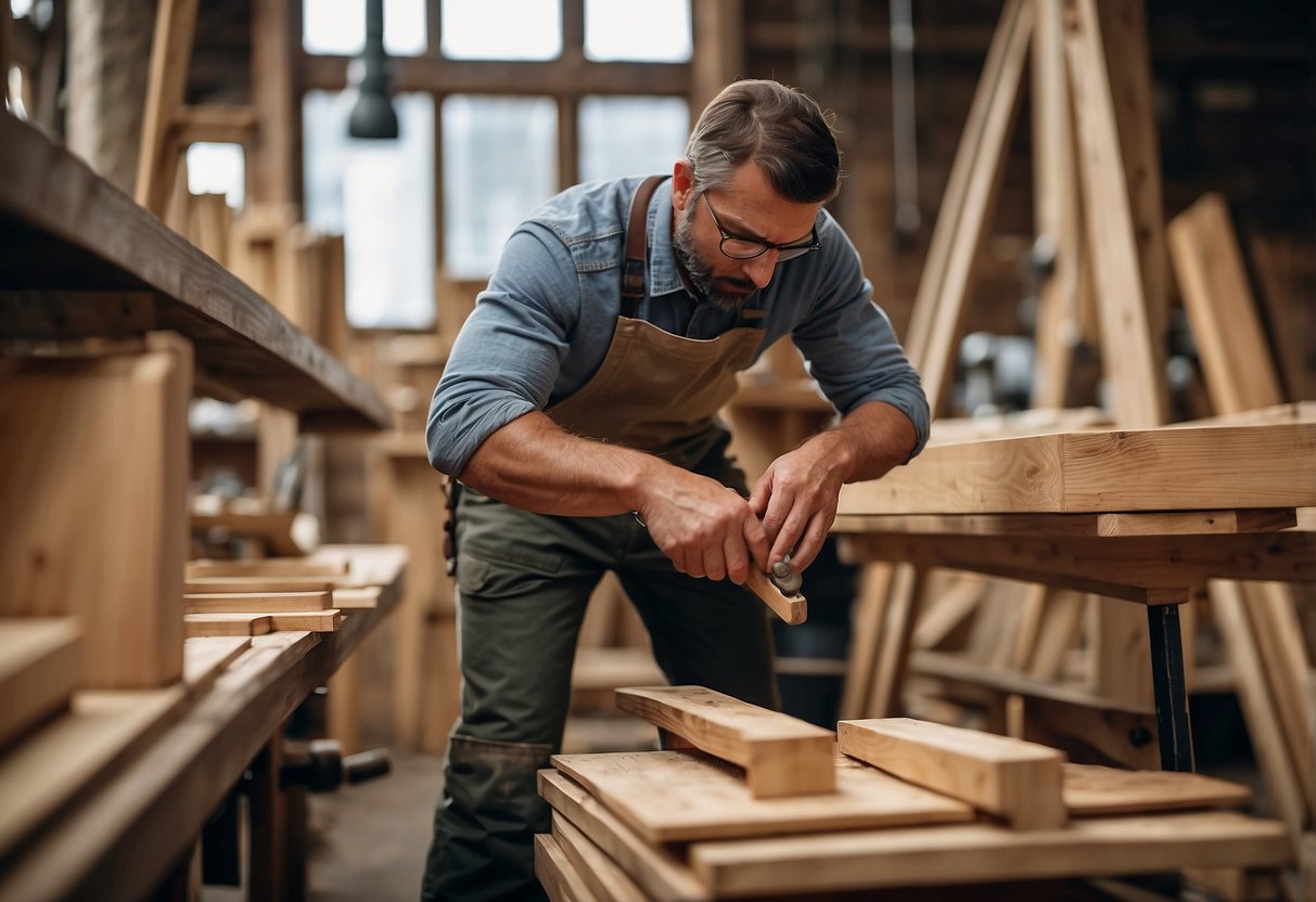 A carpenter meticulously constructs a wooden chair, surrounded by sustainable materials and tools