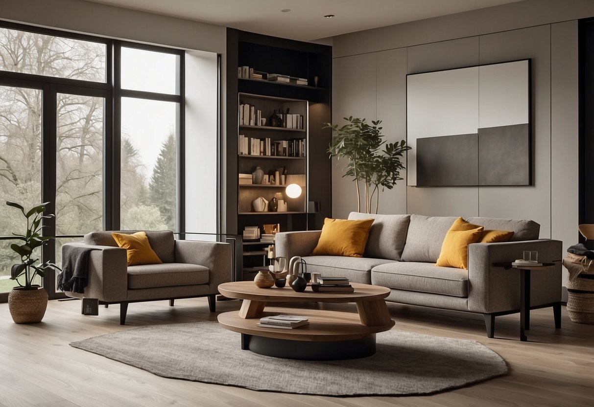 A cozy living room with a modern huppe furniture set, featuring a sleek sofa, elegant coffee table, and stylish bookshelf