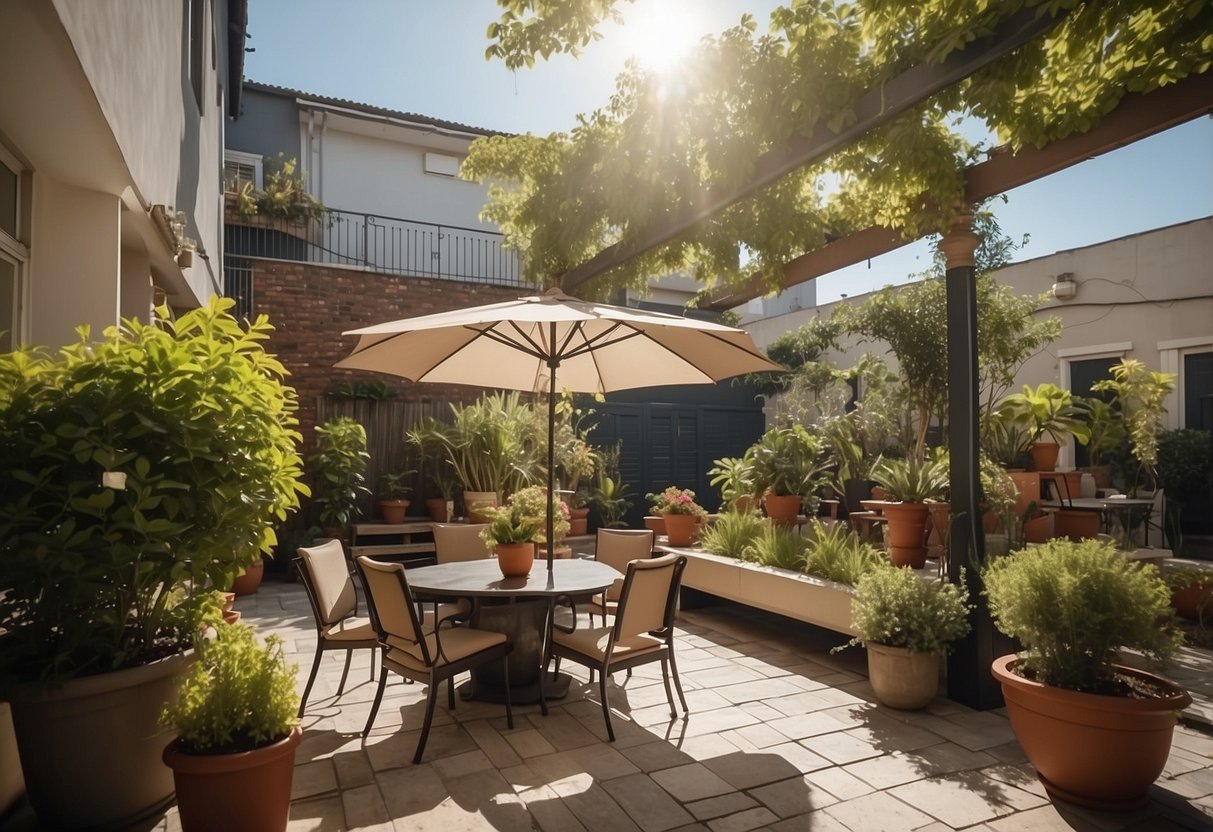 A sunny courtyard with modern outdoor furniture arranged neatly under a large umbrella. Greenery and potted plants surround the space