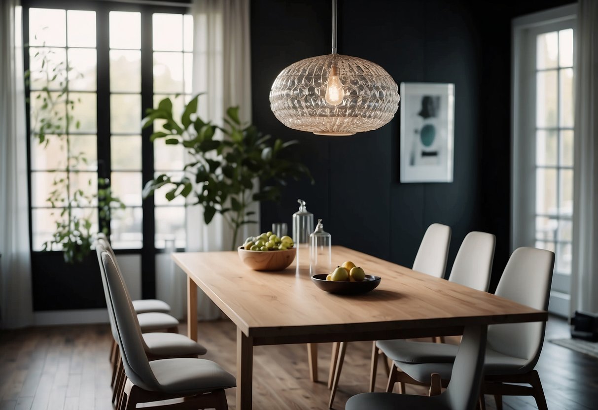 A modern dining room set from IKEA, with a sleek table, matching chairs, and a minimalist light fixture above