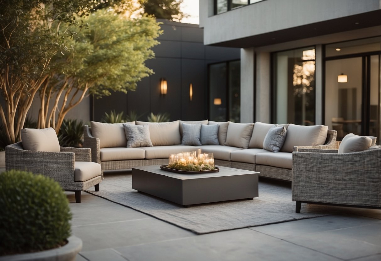 A modern outdoor space with sleek furniture, clean lines, and a neutral color palette. The design exudes sophistication and elegance, with a focus on comfort and functionality