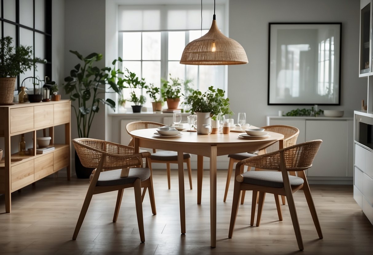 A spacious, well-lit dining room showcasing a variety of modern and stylish furniture pieces from Ikea's collection. The room features a sleek dining table, comfortable chairs, and elegant lighting fixtures