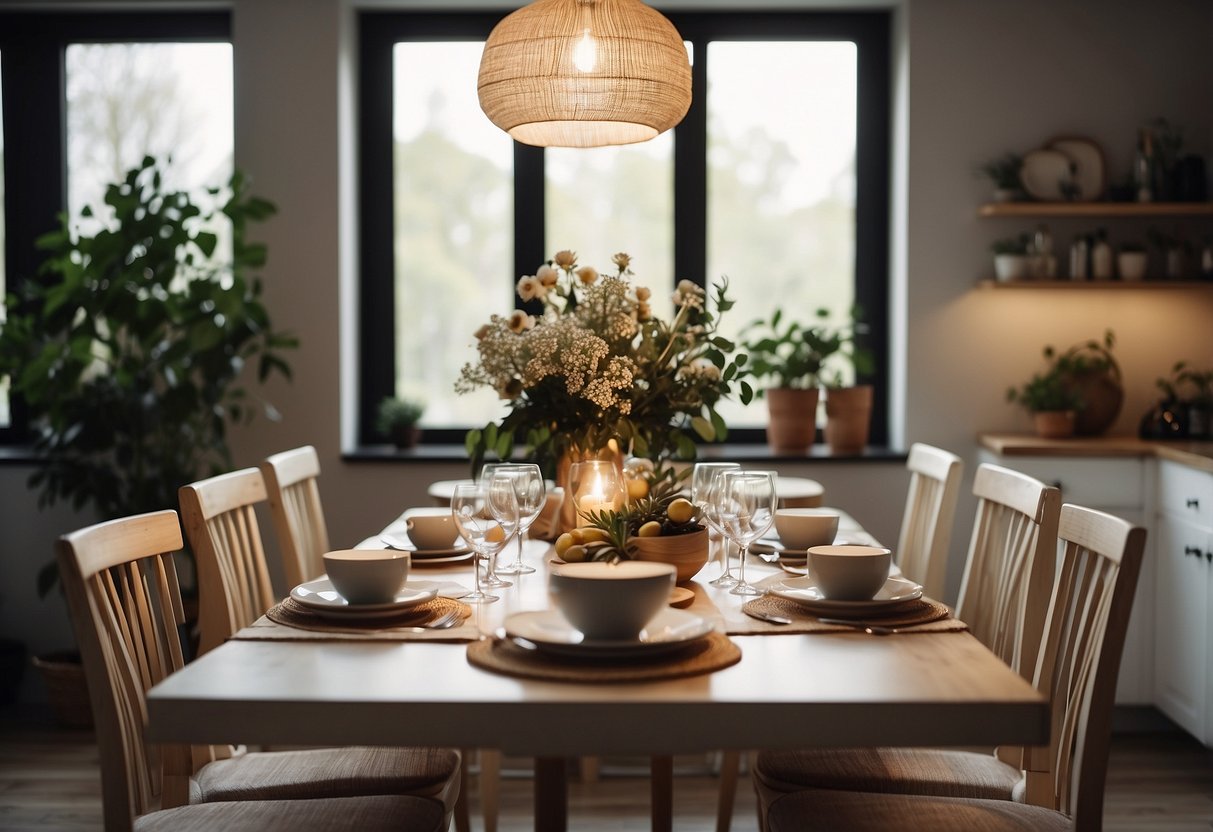 A well-lit dining room with modern ikea furniture, a sleek table set with stylish dinnerware, and a cozy ambiance created by soft lighting and elegant decor