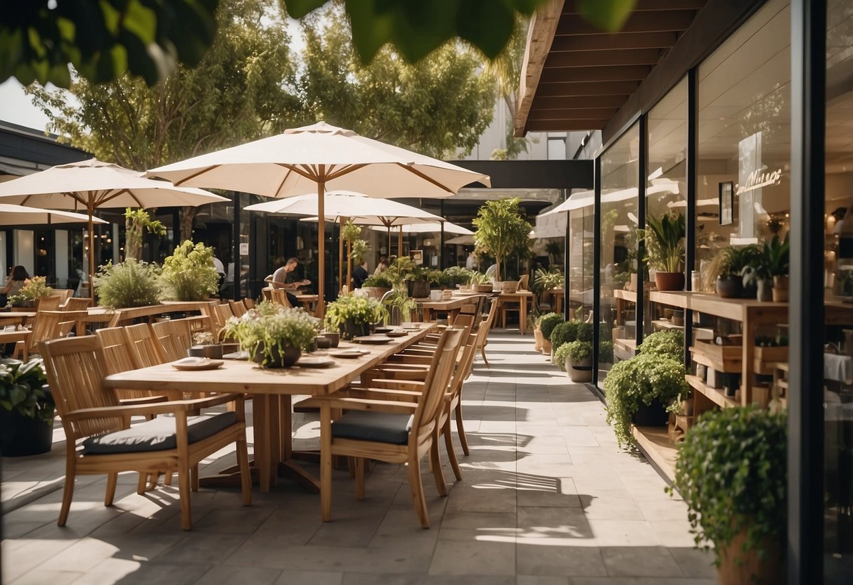 A bustling outdoor furniture store with customers browsing and staff assisting. Displayed products include tables, chairs, and umbrellas. Bright signage and plants add to the inviting atmosphere