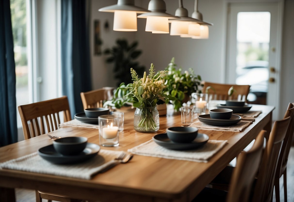 A cozy dining room with modern ikea furniture, a sleek dining table surrounded by comfortable chairs, well-lit with pendant lights, and adorned with simple yet elegant decor