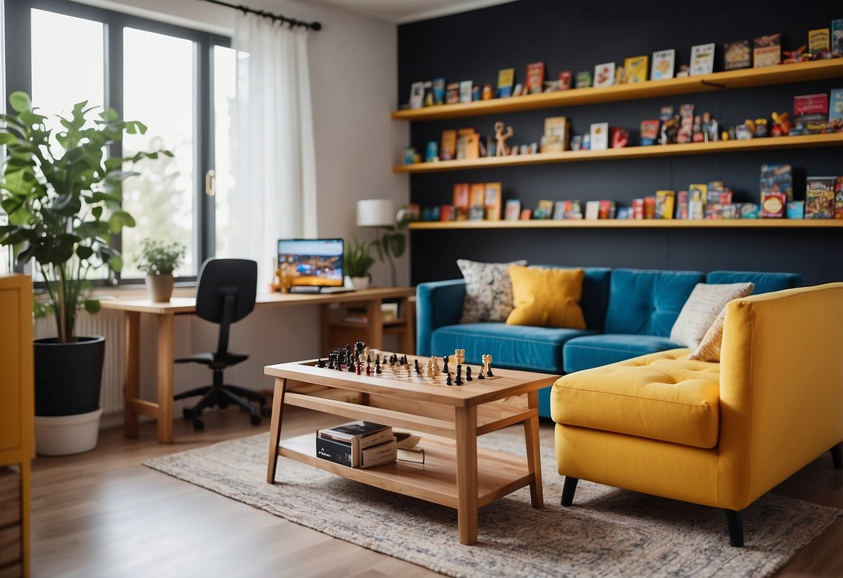 A vibrant game room with IKEA furniture: a colorful sofa, a sleek gaming desk, and shelves filled with board games and gaming accessories