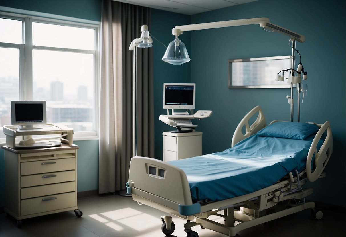 A hospital room with a bed, IV stand, and medical equipment