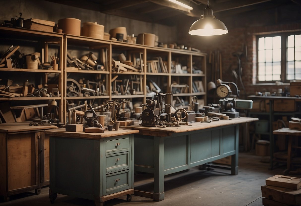A workshop with tools and materials, old furniture being transformed into new pieces, a display of finished upcycled items