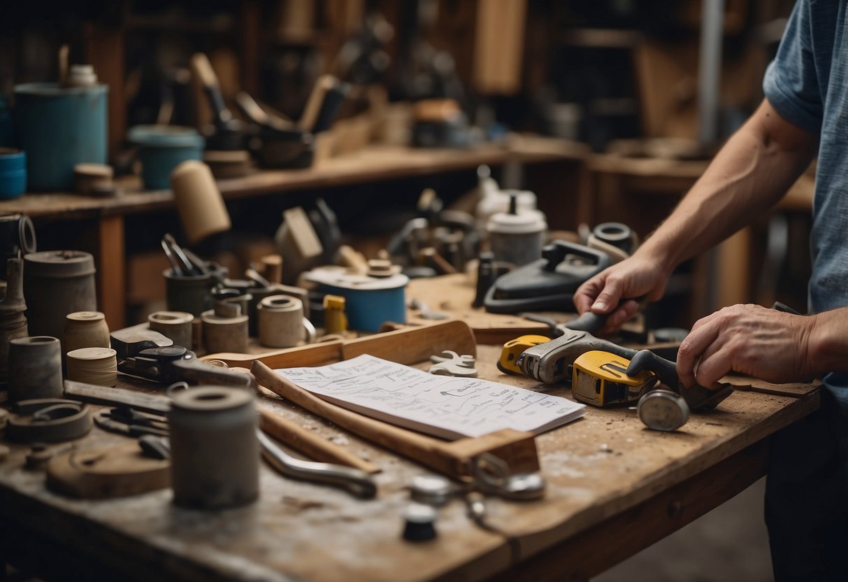 A cluttered workshop with tools, paint, and discarded furniture. A person sketches designs on a notepad while sanding down a worn chair
