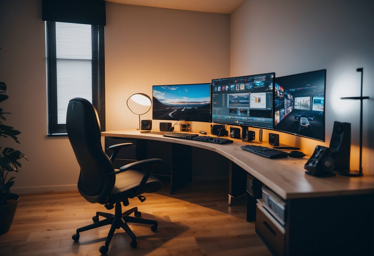 A cozy game room with IKEA furniture, featuring a comfortable gaming chair, a sleek desk for a high-tech computer setup, and storage units for organizing game accessories