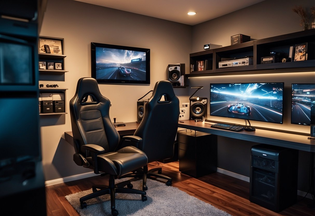 A sleek, modern game room with stylish Ikea furniture, including a comfortable gaming chair, a sleek gaming desk, and organized storage for accessories
