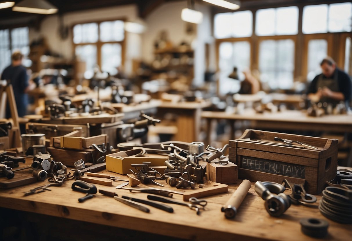 A bustling workshop with tools and materials scattered around, as workers transform old furniture into stylish, eco-friendly pieces. Customers browse a display of finished products, while a sign advertises "Frequently Asked Questions" about the upcycling process