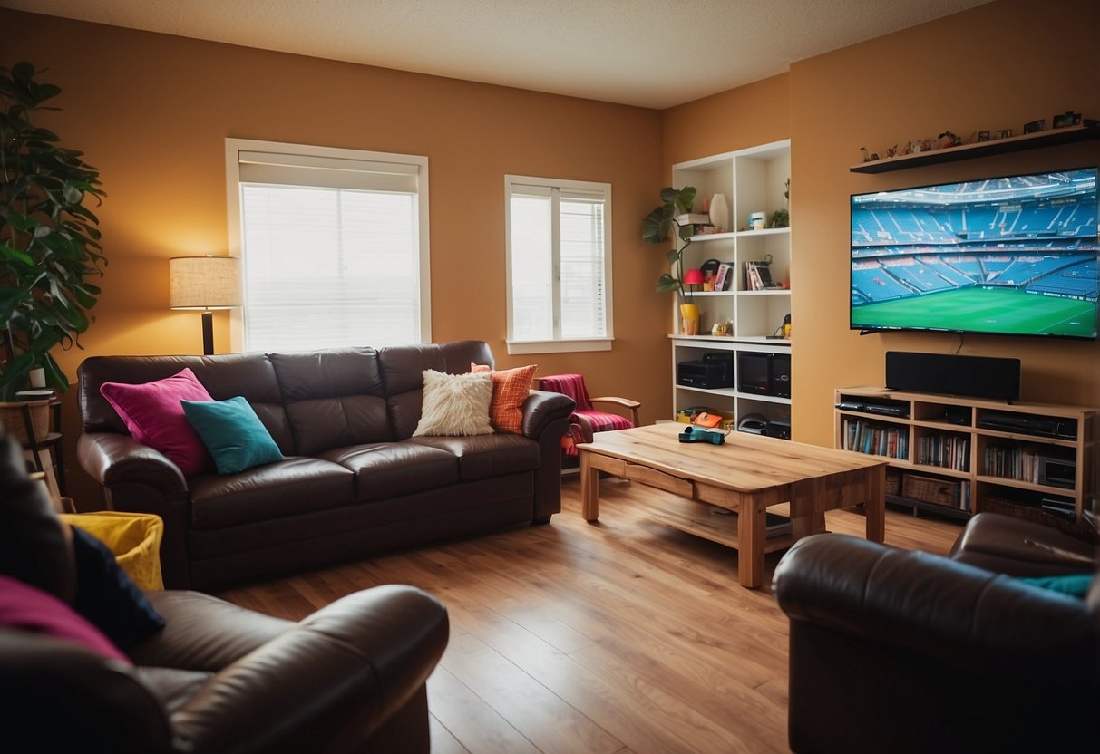 A brightly lit game room with colorful ikea furniture arranged for entertainment and relaxation, featuring a cozy couch, gaming chairs, and a large TV
