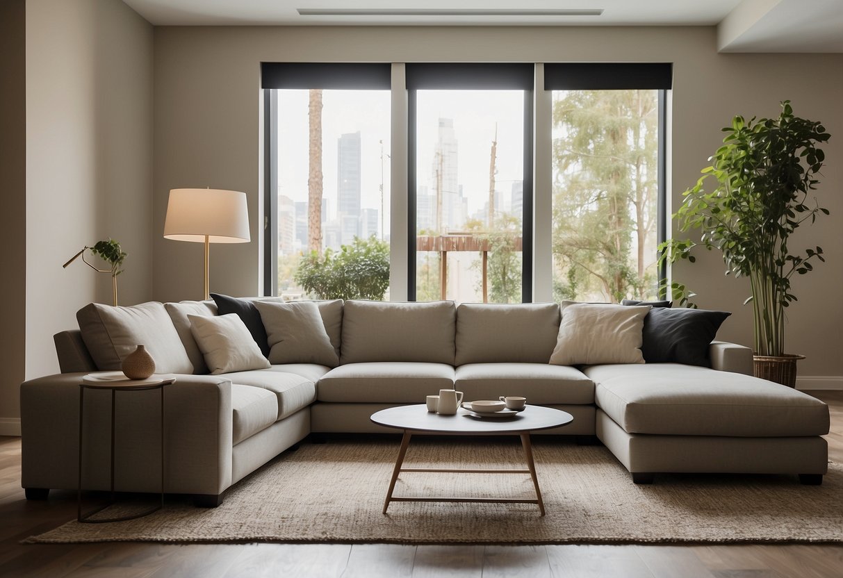 A modern living room with iloom furniture, featuring a sleek sofa, minimalist coffee table, and stylish floor lamp