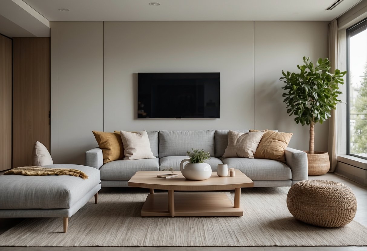 A modern living room with sleek, minimalist furniture from Iloom's collection. Clean lines, neutral colors, and a sense of spaciousness