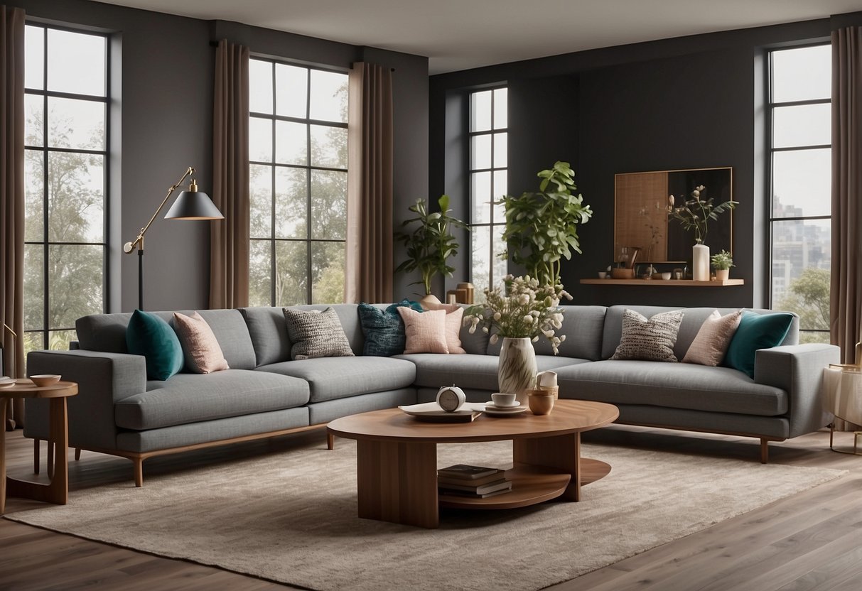 A modern living room with iloom furniture, featuring customizable options and a variety of accessories