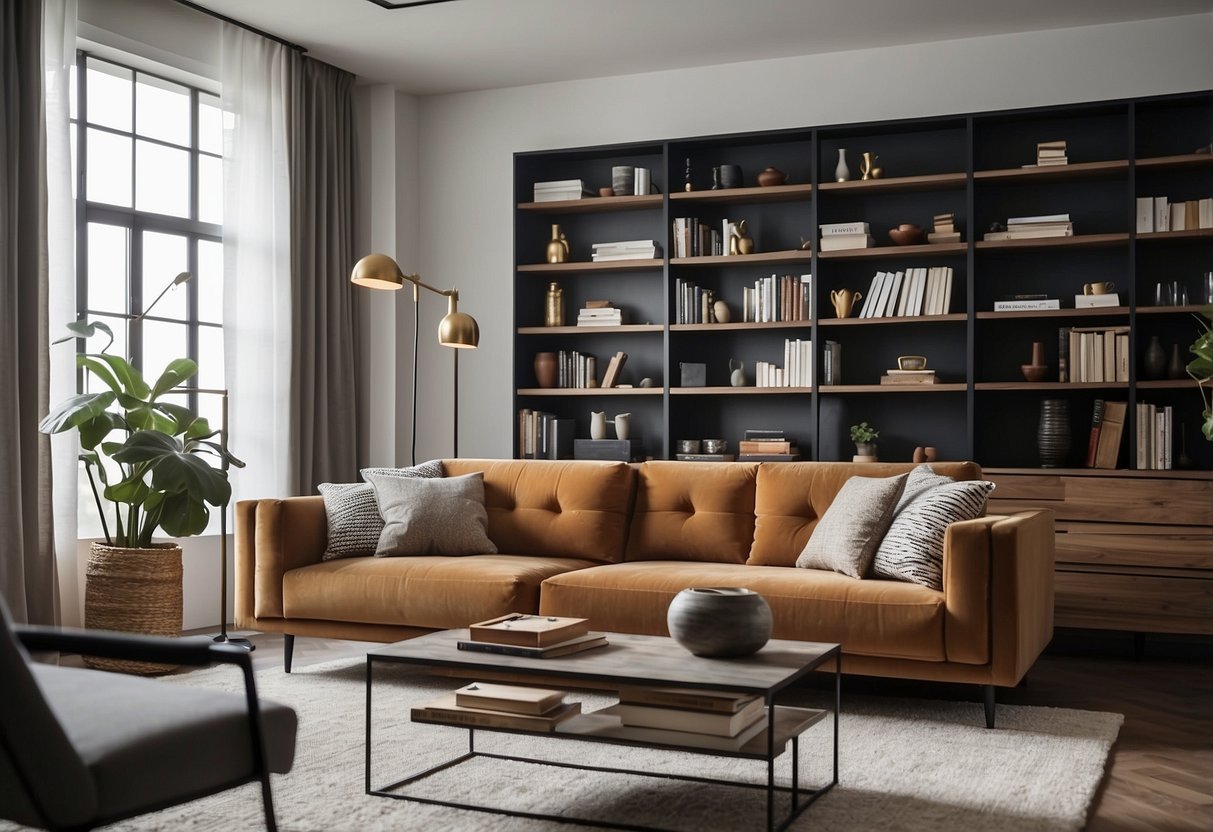 A room with modern iloom furniture, including a sleek sofa and a minimalist coffee table, surrounded by shelves filled with neatly organized decor and books