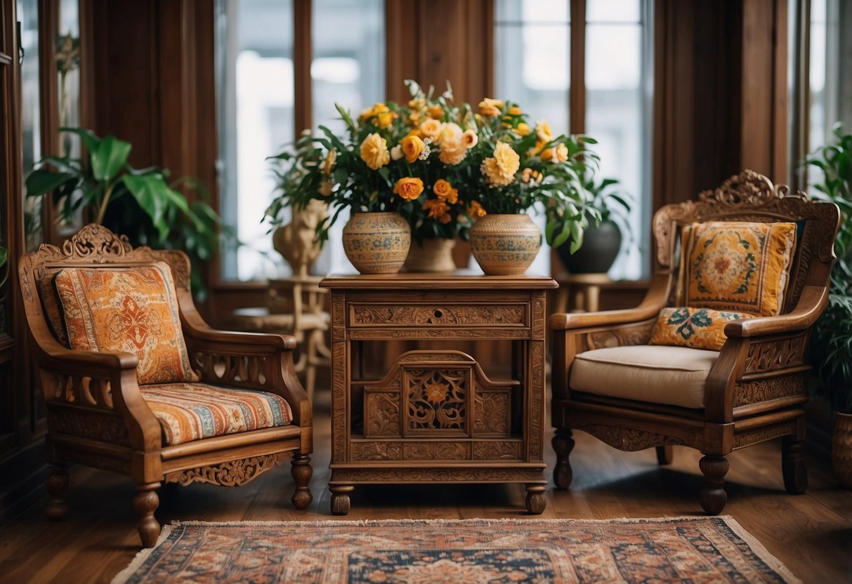 A room with ornate wooden chairs, carved tables, and vibrant textiles. Rich colors and intricate patterns adorn the furniture, creating a warm and inviting atmosphere